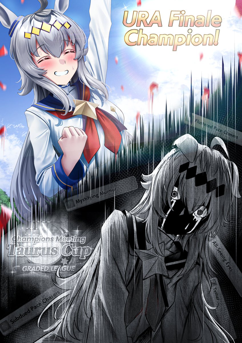 manjo (warito), oguri cap (umamusume), umamusume, commentary, english commentary, 1girl, ahoge, animal ears, blue sailor collar, blue sky, clenched hand, confetti, crying, crying with eyes open, ears down, grey hair, hair ornament, happy, horse ears, horse girl, long hair, long sleeves, open clothes, outdoors, red ribbon, ribbon, sad, sailor collar, shaded face, shirt, sky, smile, sun, tears, white shirt