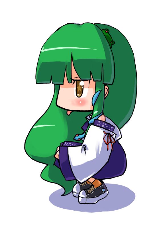 tao, tao (kadoya), kochiya sanae, touhou, 1girl, chibi, female focus, frog hair ornament, green hair, hair ornament, long hair, snake hair ornament, solo, squatting, star-shaped pupils, star (symbol), symbol-shaped pupils, tongue