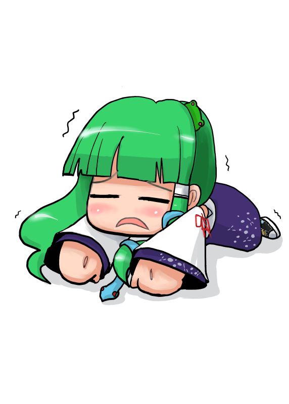 tao, tao (kadoya), kochiya sanae, touhou, 1girl, = =, blush, chibi, closed eyes, female focus, frog hair ornament, green hair, hair ornament, long hair, lying, no nose, on stomach, simple background, snake hair ornament, solo, trembling