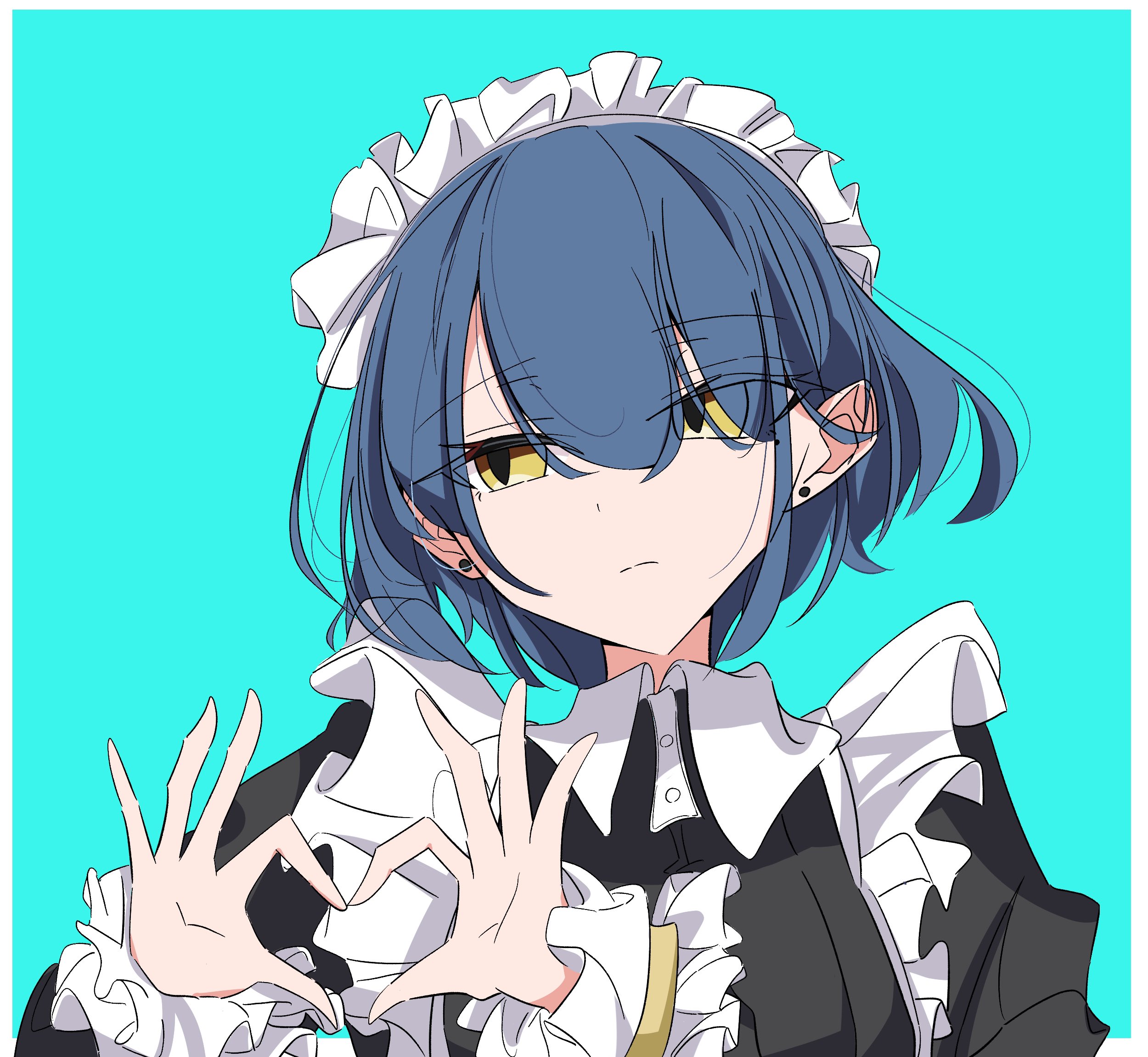dora one7, yamada ryo, bocchi the rock!, commentary, highres, 1girl, black dress, blue background, blue hair, dress, earrings, expressionless, frilled hairband, frills, hair over eyes, hairband, heart, heart hands, jewelry, looking at viewer, maid, maid headdress, simple background, solo, stud earrings, yellow eyes