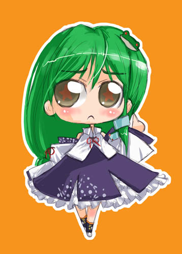 tao, tao (kadoya), kochiya sanae, touhou, lowres, 1girl, :<, chibi, detached sleeves, female focus, green hair, long hair, solo, star-shaped pupils, star (symbol), symbol-shaped pupils
