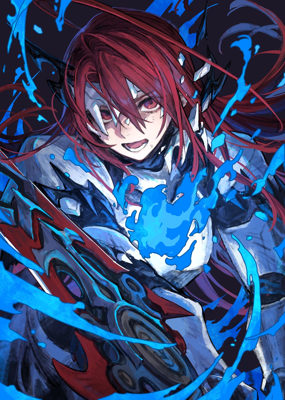 mephisto (angraecum), elizabeth rose bloodflame, hololive, hololive english, commentary, english commentary, highres, 1girl, armor, blue fire, fire, fire on chest, hair between eyes, holding, holding sword, holding weapon, knight, long hair, looking at viewer, open mouth, red eyes, red hair, solo, sword, virtual youtuber, weapon