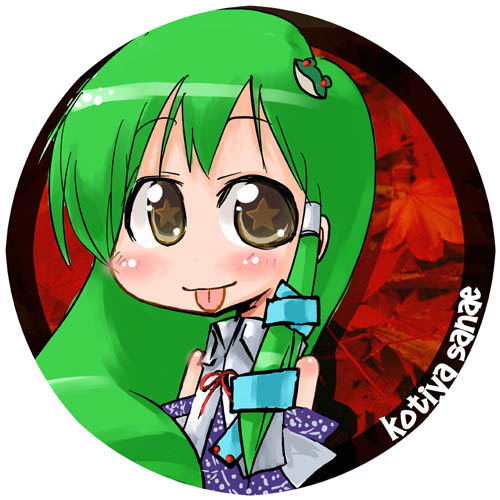 tao, tao (kadoya), kochiya sanae, touhou, lowres, 1girl, chibi, detached sleeves, female focus, frog hair ornament, green hair, hair ornament, hair tubes, long hair, no nose, solo, star-shaped pupils, star (symbol), symbol-shaped pupils, tongue