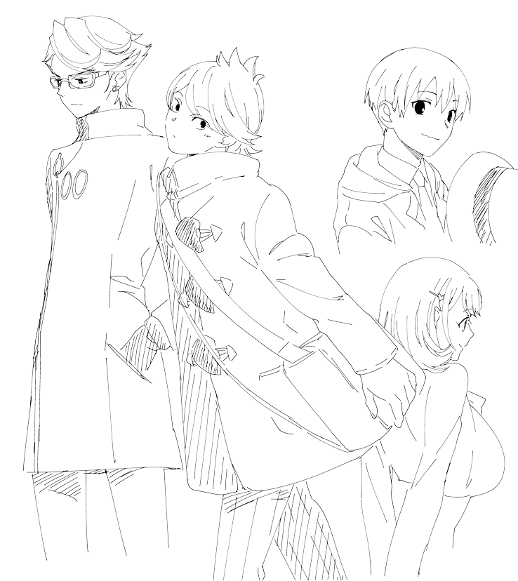 ikuhashi muiko, gamon yuuta, hashigami sarai, moritsuka shun, narusawa ryouka, occultic;nine, science adventure, check clothing, clothing request, 1girl, 3boys, bag, bikini, blush, coat, glasses, greyscale, head tilt, long sleeves, looking at viewer, monochrome, multicolored coat, multiple boys, ribbed pants, short hair, simple background, standing, swimsuit, white background