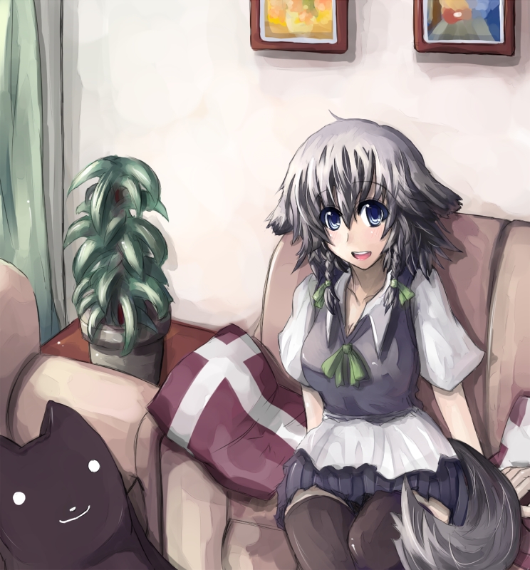inu sakuya (nejikirio), izayoi sakuya, touhou, silver hair, 1girl, animal ears, braid, dog ears, dog tail, female focus, kemonomimi mode, short hair, solo, tail, twin braids