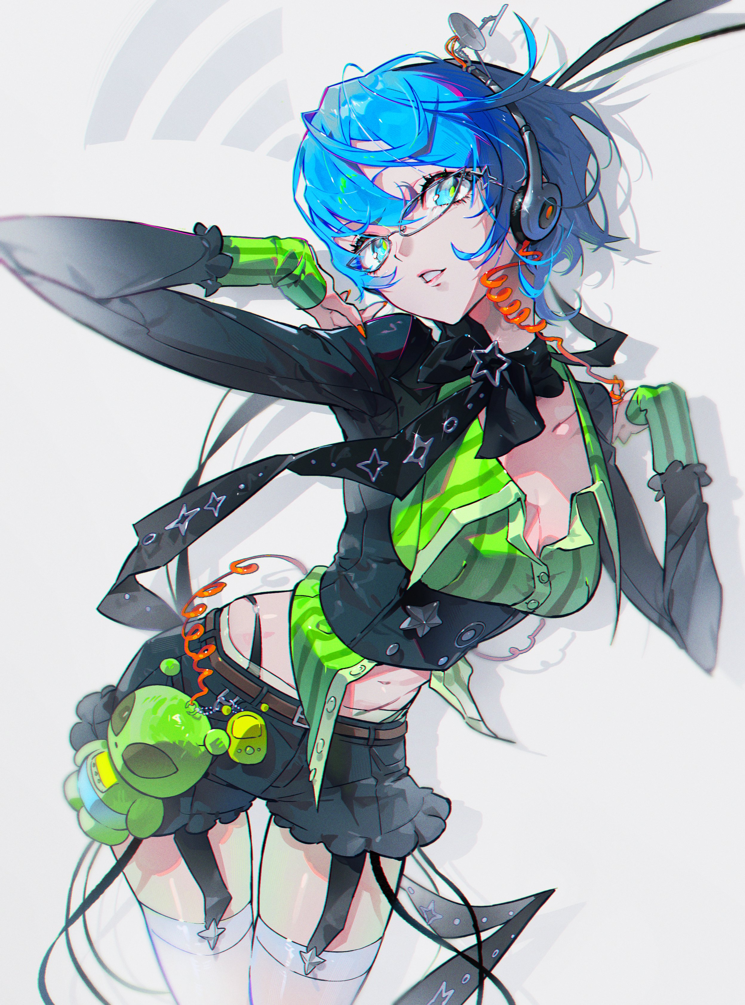themoonrabbit, absurdres, character request, copyright request, highres, 1girl, aqua eyes, belt, black jacket, black shorts, blue hair, breasts, brown belt, cleavage, collarbone, frilled shorts, frills, glasses, headphones, jacket, medium breasts, midriff, navel, orange nails, parted lips, shadow, short hair, shorts, solo, teeth, thighhighs, white background, white thighhighs