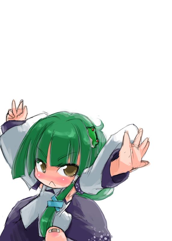 tao, tao (kadoya), kochiya sanae, touhou, 1girl, :<, arms up, bandaid, bandaid on knee, bandaid on leg, blush, chibi, detached sleeves, female focus, frog hair ornament, green hair, hair ornament, leg up, long hair, no nose, outstretched arms, solo, spread arms