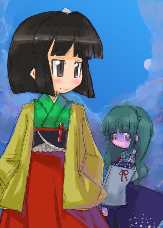 tao, tao (kadoya), hieda no akyuu, kochiya sanae, perfect memento in strict sense, touhou, 2girls, alternate eye color, alternate hair color, black eyes, black hair, chibi, detached sleeves, female focus, frog hair ornament, green hair, hair ornament, heida no akyuu, japanese clothes, long hair, moon, multiple girls, no nose, short hair, star-shaped pupils, star (symbol), symbol-shaped pupils