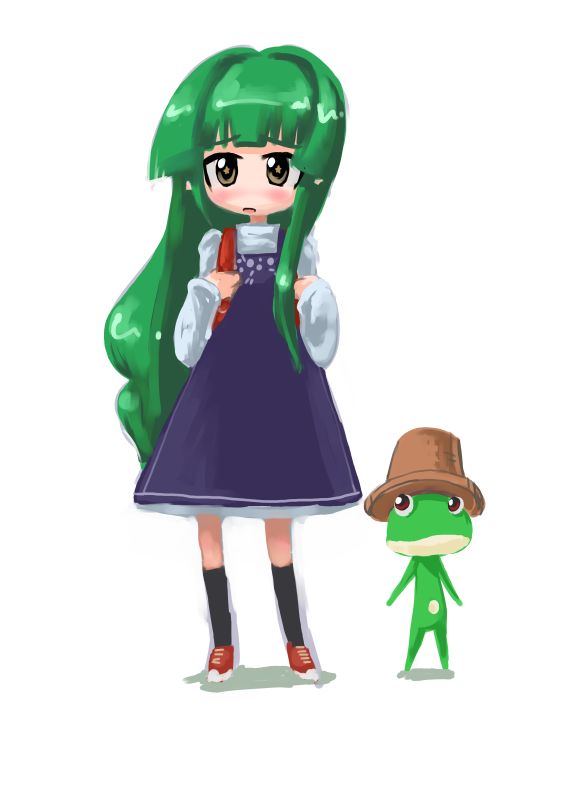 tao, tao (kadoya), kochiya sanae, touhou, 1girl, chibi, female focus, frog, green hair, hat, long hair, solo, star-shaped pupils, star (symbol), symbol-shaped pupils