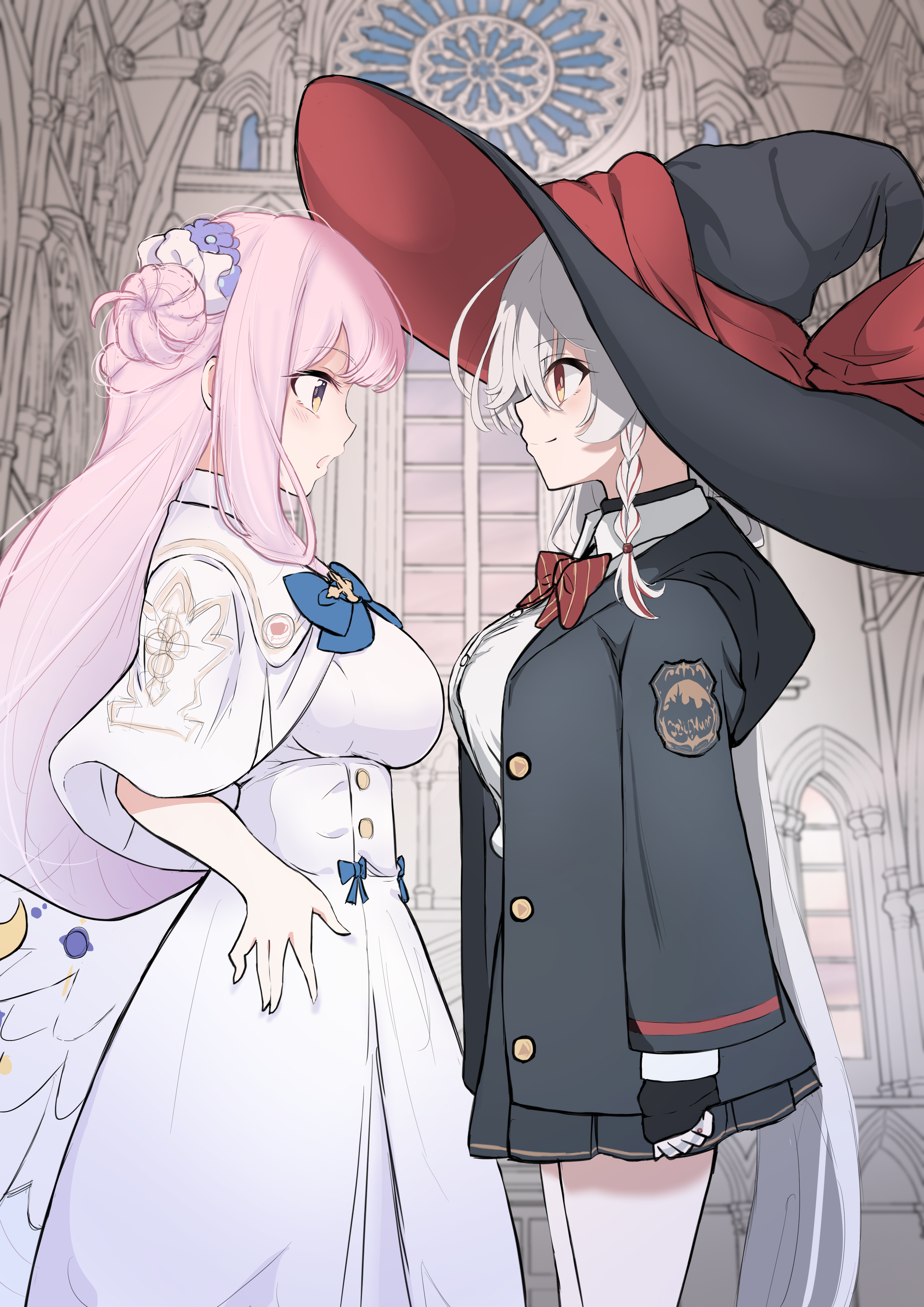 catmito1412, eri (blue archive), mika (blue archive), blue archive, absurdres, highres, 2girls, angel wings, black jacket, black skirt, blush, bow, braid, breast contest, breast press, breasts, bust chart, buttons, catfight, closed mouth, double-breasted, dress, feathered wings, hair bun, hand on own hip, hat, high-waist skirt, jacket, long sleeves, looking at another, low wings, medium breasts, miniskirt, multiple girls, open mouth, orange eyes, pink hair, pleated skirt, red bow, sex battle, side braid, single hair bun, single side bun, skirt, smile, white dress, white wings, wings, witch hat, yellow eyes