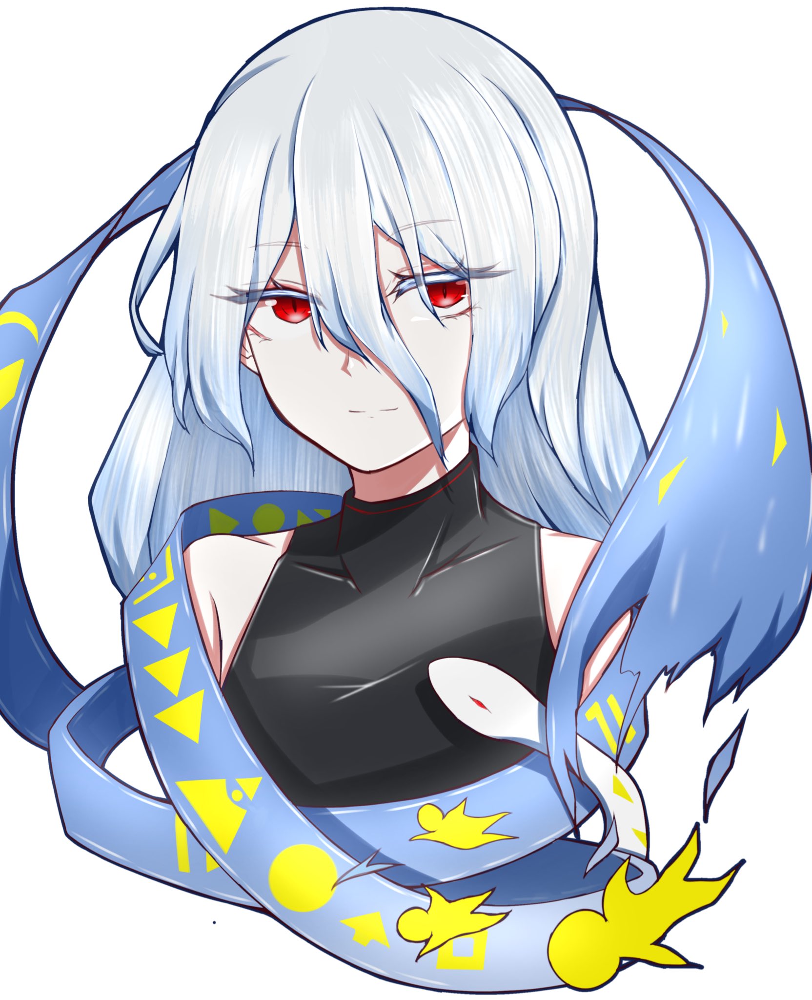 yuiman asama, fossilized wonders, touhou, highres, 1girl, baisoncb, black dress, breasts, closed mouth, collarbone, crescent, dress, eye of providence, grey hair, hair between eyes, long hair, long hair between eyes, looking at viewer, play button, red eyes, ribbon around body, simple background, sleeveless, sleeveless dress, smile, snake, solo, triangle, upper body, white background
