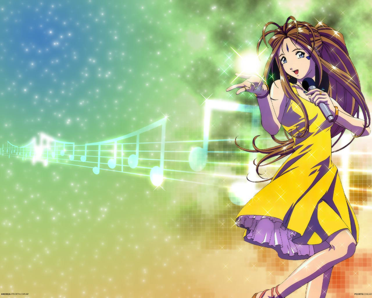 belldandy, aa megami-sama, 1990s (style), 1girl, blue eyes, bracelet, brown hair, dress, facial mark, female focus, forehead mark, jewelry, long hair, microphone, musical note, musical staff, ponytail, retro artstyle, ring, solo, treble clef