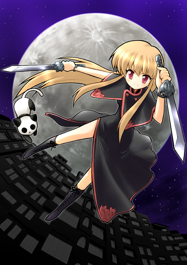 blonde hair, boots, cat, china dress, chinese clothes, dress, jian (weapon), long hair, moon, night, red eyes, solo, sword, weapon