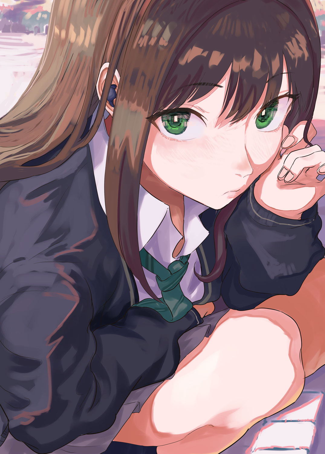 sawarakajin, shibuya rin, idolmaster, idolmaster cinderella girls, highres, 1girl, black cardigan, bright pupils, brown hair, cardigan, fingernails, green eyes, green necktie, long hair, looking at viewer, necktie, school uniform, shirt, solo, squatting, white pupils, white shirt, wireless earphones