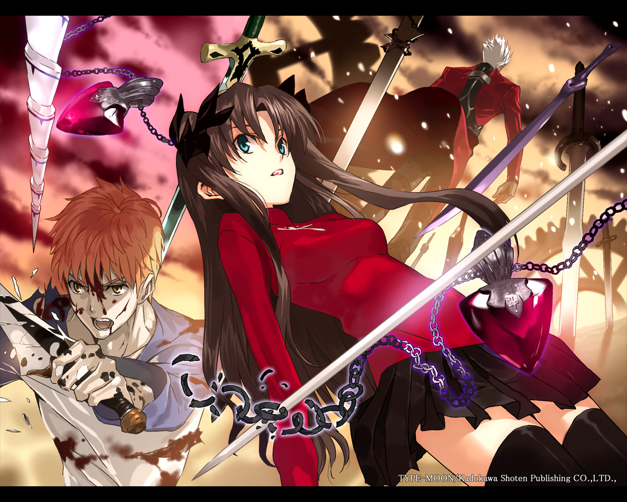 morii shizuki, archer (fate), emiya shirou, tohsaka rin, fate/stay night, fate (series), official art, official wallpaper, 00s, 1girl, 2boys, amulet, blood, blouse, chain, kanshou & bakuya (fate), multiple boys, red shirt, shirt, sword, thighhighs, two side up, weapon, zettai ryouiki