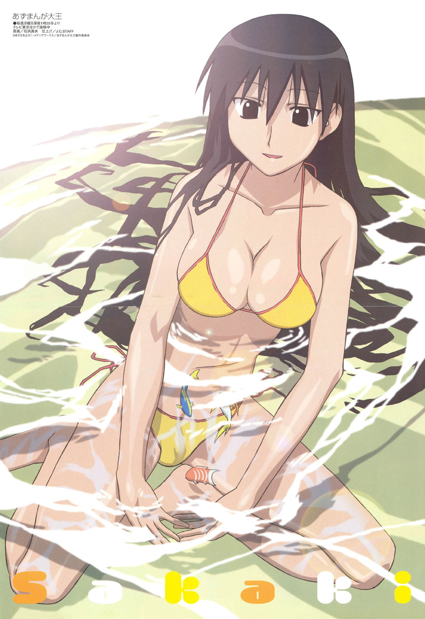 ishihama masashi, sakaki (azumanga daioh), azumanga daiou, duplicate, highres, scan, 1girl, bikini, black hair, breasts, cleavage, female focus, fish, long hair, solo, swimsuit, water