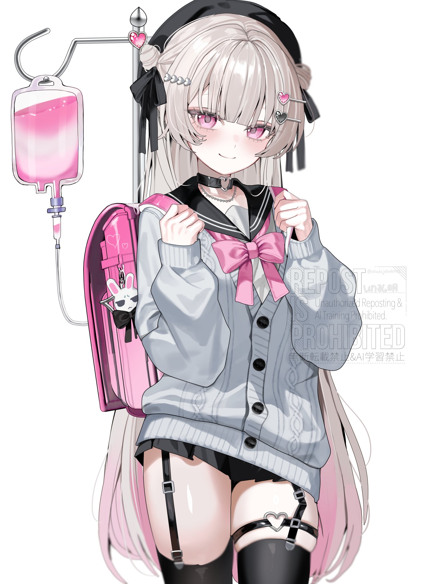 akadajohnson02, original, commentary request, highres, 1girl, backpack, bag, beret, black choker, black hat, black sailor collar, black skirt, black thighhighs, blood, blood bag, blunt bangs, blush, bow, bowtie, cardigan, choker, closed mouth, garter straps, grey cardigan, grey hair, hair ornament, hairclip, hands up, hat, heart, heart o-ring, iv stand, long hair, long sleeves, looking at viewer, o-ring, purple bow, purple bowtie, purple eyes, randoseru, sailor collar, skirt, solo, thighhighs, watermark