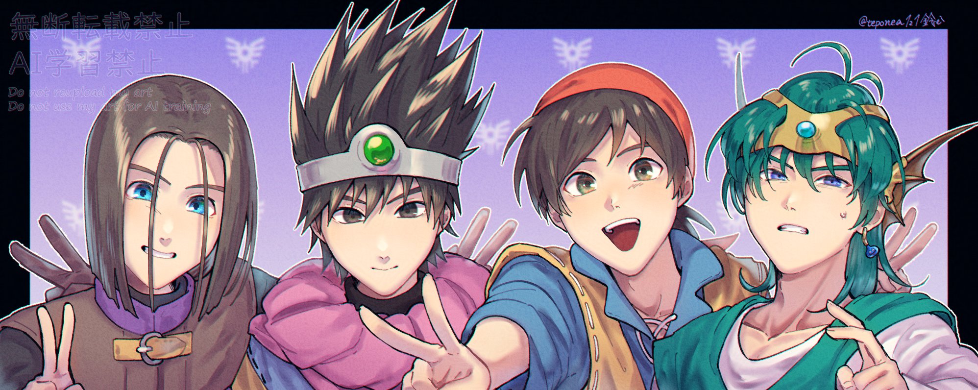 rei (teponea121), hero (dq11), hero (dq3), hero (dq4), hero (dq8), dragon quest, dragon quest iii, dragon quest iv, dragon quest viii, dragon quest xi, highres, 4boys, bandana, black hair, blue eyes, blue shirt, brown eyes, brown gloves, brown hair, circlet, closed mouth, earrings, gem, gloves, green hair, grin, in-franchise crossover, jewelry, long hair, looking at viewer, male focus, medium hair, multiple boys, open mouth, ponytail, shirt, short hair, smile, spiked hair, teeth, tunic, upper teeth only, v, white shirt