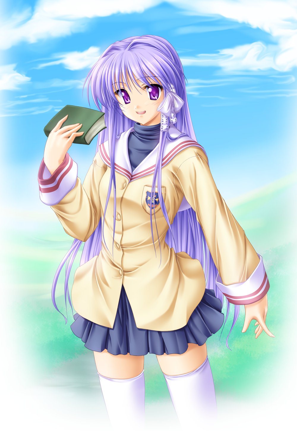 tenmaso, fujibayashi kyou, clannad, highres, 00s, book, long hair, purple eyes, purple hair, school uniform, serafuku, skirt, solo, thighhighs, zettai ryouiki
