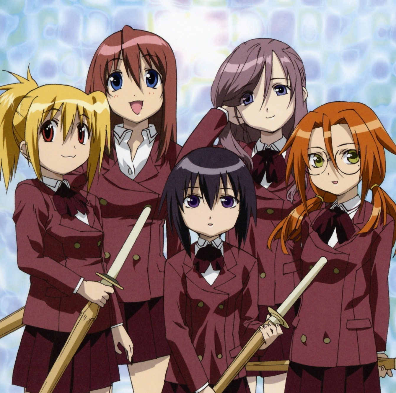 azuma satori, chiba kirino, kawazoe tamaki, kuwahara sayako, miyazaki miyako, bamboo blade, highres, 00s, 5girls, multiple girls, school uniform, serafuku, shinai, sword, weapon