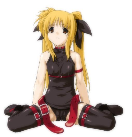 fate testarossa, lyrical nanoha, mahou shoujo lyrical nanoha, mahou shoujo lyrical nanoha a's, 00s, bare shoulders, belt, blonde hair, leotard, long hair, red eyes, solo, thighhighs, twintails, undone