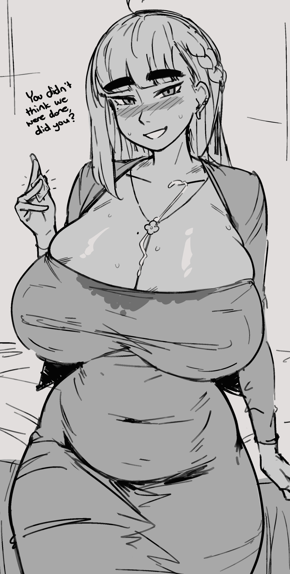 roresu, louise (okanderlig), original, commission, highres, 1girl, ahoge, borrowed character, braid, breasts, cleavage, condom, condom wrapper, cum, cum on body, cum on breasts, cum on upper body, cum string, dongtan dress, dress, grey dress, grin, holding, holding condom, huge breasts, long hair, long sleeves, mole, mole on ear, monochrome, scoop neck, sketch, smile, solo, stained clothes, sweat stain, sweaty clothes, taut clothes, taut dress, thick eyebrows, tight clothes, tight dress