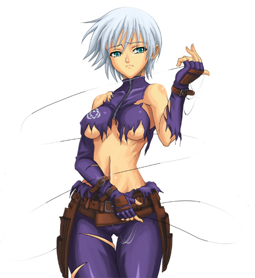 syunzou, sheryl (rumble fish), the rumble fish, 1girl, aqua eyes, areola slip, bare shoulders, belt, belt pouch, breasts, breasts apart, buckle, cameltoe, closed mouth, covered collarbone, covered erect nipples, cowboy shot, embarrassed, emblem, female focus, fingerless gloves, frown, gloves, green eyes, grey hair, half-closed eyes, halterneck, hand up, hip focus, holding, holding weapon, legs together, looking at viewer, medium breasts, midriff, narrow waist, navel, ninja, no bra, pouch, raised eyebrows, short hair, simple background, solo, standing, thigh gap, torn clothes, turtleneck, underboob, weapon, white background, wire, wrist guards, zipper