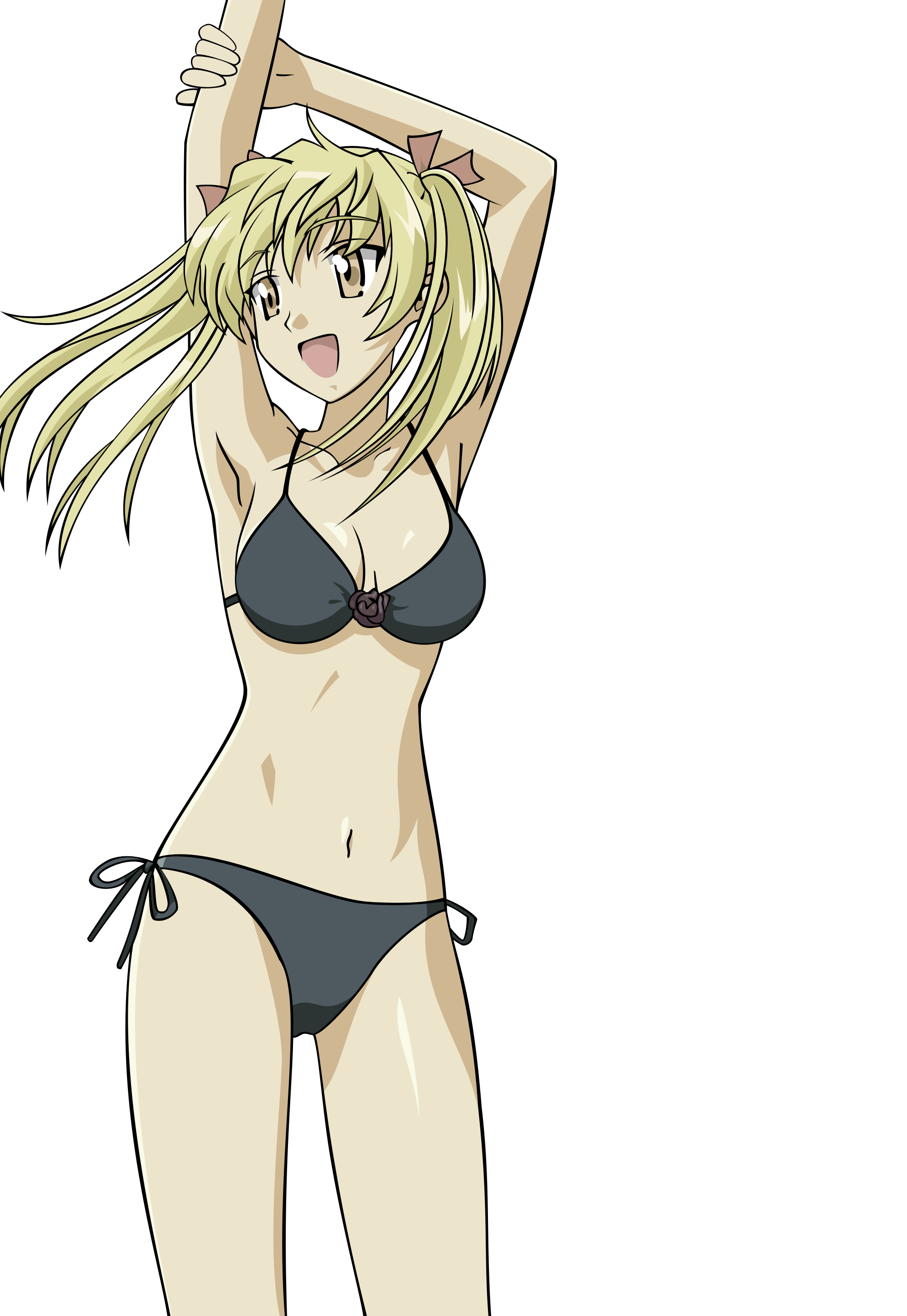 sawachika eri, school rumble, absurdres, derivative work, highres, vector trace, 00s, 1girl, armpits, bikini, black bikini, blonde hair, breasts, brown eyes, female focus, happy, large breasts, long hair, medium breasts, side-tie bikini bottom, smile, solo, swimsuit, transparent background, twintails, yellow eyes