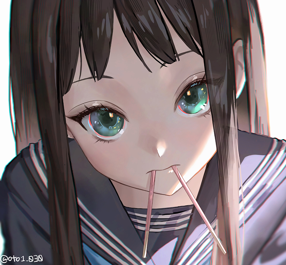 oto1 030, original, 1girl, aqua eyes, blue sailor collar, blue shirt, brown hair, close-up, closed mouth, drinking straw, long hair, long sidelocks, looking at viewer, mouth hold, sailor collar, shirt, sidelocks, simple background, solo, twitter username, upper body, white background