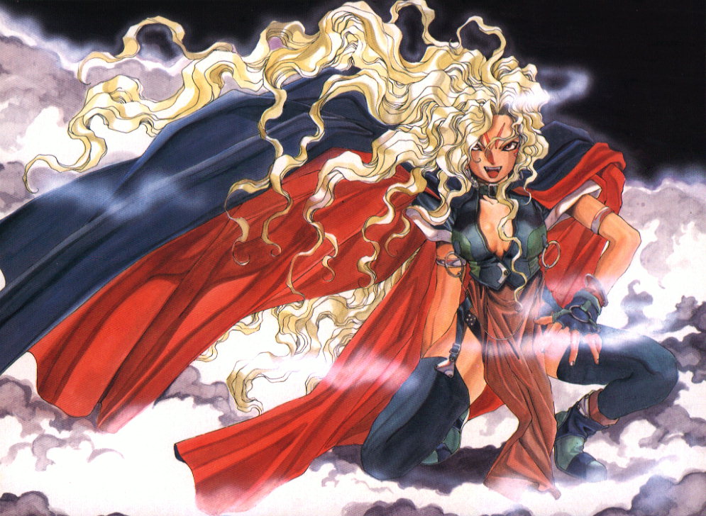 fujishima kousuke, marller, aa megami-sama, screencap, 1990s (style), 1girl, blonde hair, bracelet, breasts, cape, cleavage, cloud, dark-skinned female, dark skin, demon, demon girl, facial mark, female focus, fingerless gloves, forehead mark, gloves, jewelry, large breasts, long hair, retro artstyle, smile, solo, thighhighs, very long hair