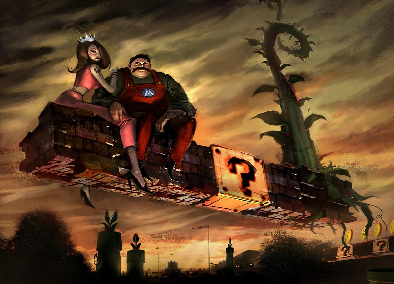 mario, piranha plant, mario (series), nintendo, super mario bros. 1, 1boy, 1girl, ? block, brown hair, cloud, cloudy sky, coin, crown, facial hair, flag, flagpole, high heels, mustache, outdoors, short hair, sitting, sky
