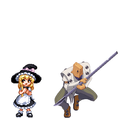 faust (guilty gear), kirisame marisa, arc system works, guilty gear, m.u.g.e.n, touhou, animated, animated gif, lowres, 1boy, 1girl, bag, bag on head, bag over head, blonde hair, comparison, crossover, dancing, full body, hat, heart, paper bag, pixel art, transparent background, witch hat