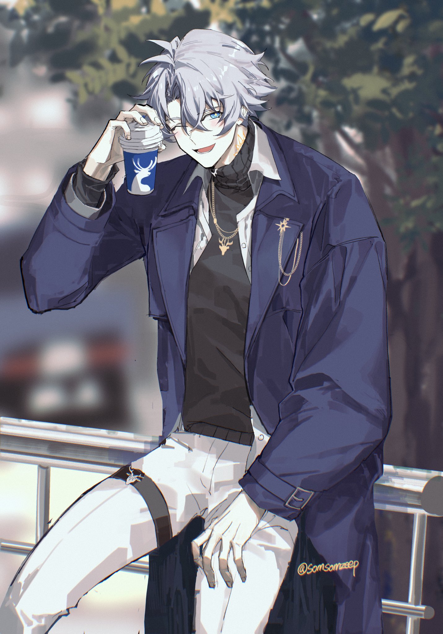 sszeep duck, phainon (honkai: star rail), honkai: star rail, honkai (series), highres, 1boy, antenna hair, black sweater, blue coat, blue eyes, coat, crossed bangs, cup, grey hair, hair between eyes, holding, holding cup, jewelry, lower teeth only, male focus, necklace, official alternate costume, one eye closed, open clothes, open coat, open mouth, open shirt, pants, parted bangs, phainon (luckin coffee) (honkai: star rail), shirt, short hair, smile, solo, sweater, teeth, turtleneck, turtleneck sweater, white pants, white shirt, yellow pupils