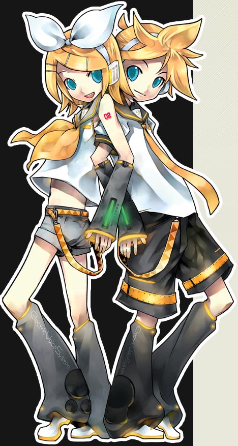 kei (keigarou), kagamine len, kagamine rin, vocaloid, official art, 1boy, 1girl, arm warmers, bass clef, black leg warmers, blonde hair, blouse, blue eyes, bow, brother and sister, gold trim, hair bow, headphones, headset, leg warmers, looking at viewer, neckerchief, number tattoo, ponytail, sailor collar, shirt, short ponytail, short shorts, shorts, shoulder tattoo, siblings, sleeveless, sleeveless shirt, spiked hair, swept bangs, tattoo, treble clef, twins, white shirt, yellow neckerchief