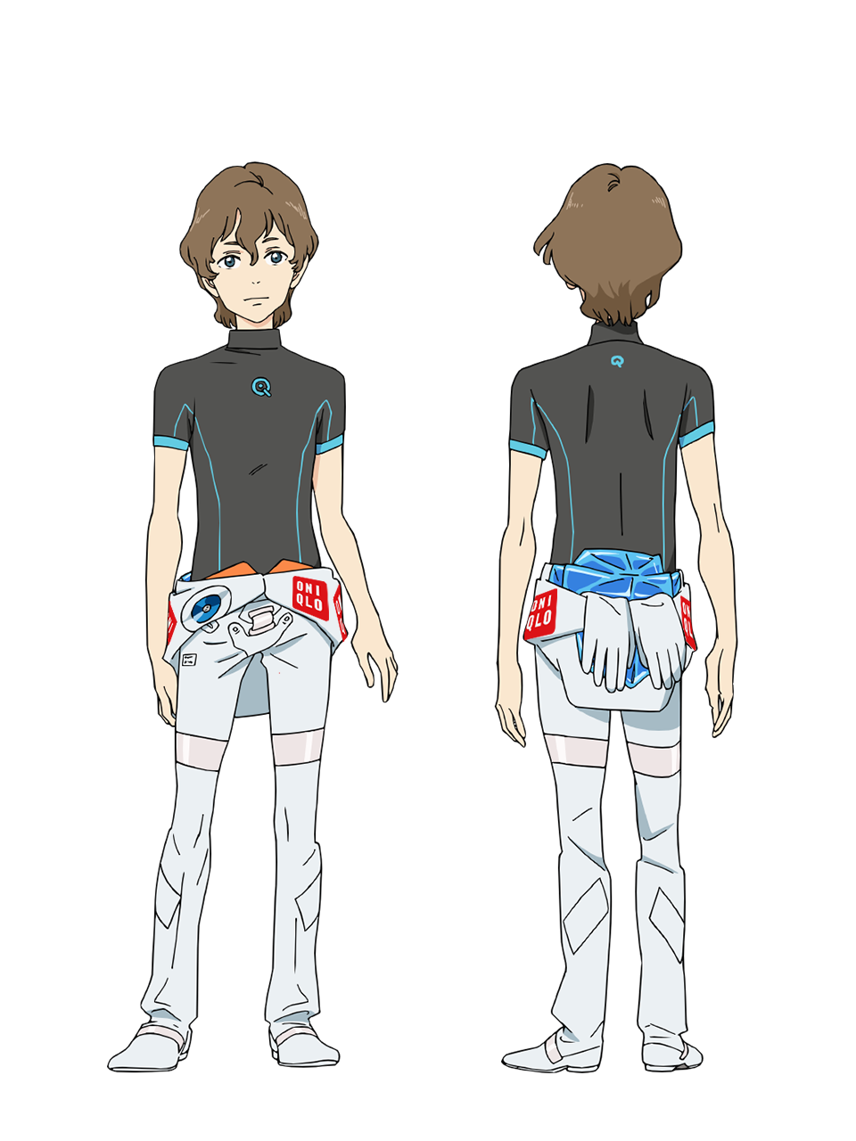 yoshida ken'ichi, chikyuugai shounen shoujo, highres, official art, 2boys, anime coloring, back, blue eyes, brown hair, closed mouth, collared shirt, from behind, full body, grey shirt, hair between eyes, jumpsuit, looking at viewer, multiple boys, multiple views, shirt, short hair, short sleeves, simple background, smile, spacesuit, standing, transparent background, tsukuba taiyou, white jumpsuit