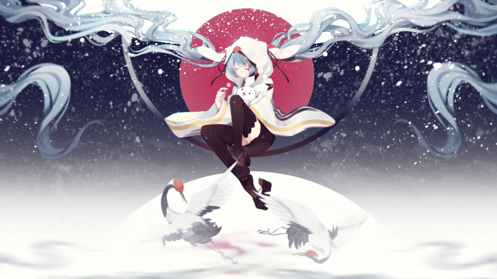 kasoku ac, hatsune miku, rabbit yukine, yuki miku, yuki miku (2018), vocaloid, commentary, highres, 1girl, 1other, absurdly long hair, animal, animal on lap, bird, black skirt, black thighhighs, chihaya (clothing), closed eyes, crane (animal), floating hair, hood, hood up, japanese clothes, long hair, long sleeves, miko, on lap, rabbit, red-crowned crane, sitting, skirt, smile, snowflakes, snowing, split mouth, thighhighs, twintails, very long hair, white hair, wide sleeves