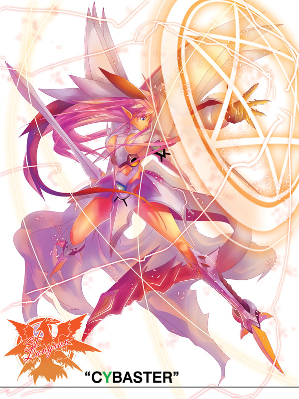 ky (nimbusky), cybuster, banpresto, super robot wars, super robot wars the lord of elemental, 1girl, breasts, female focus, magic circle, mecha musume, solo, sword, weapon