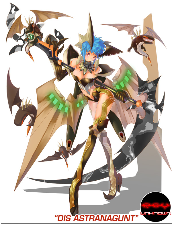 ky (nimbusky), dis astranagant, banpresto, super robot wars, pointy footwear, 1girl, blue hair, breasts, cleavage, crossed legs, female focus, large breasts, mecha musume, midriff, navel, red eyes, scythe, shoes, short hair, smile, solo, teeth, watson cross, wings