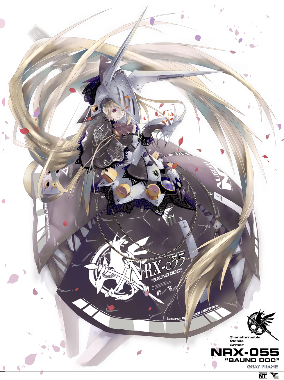 ky (nimbusky), baund doc, gundam, zeta gundam, highres, 1girl, absurdly long hair, armor, armored dress, ascot, beads, black gloves, blonde hair, breasts, brooch, capelet, character name, clothes writing, cross, cross print, dress, female focus, floating hair, floral print, full body, gauntlets, gloves, helmet, jewelry, lace, lace-trimmed dress, lace-trimmed gloves, lace trim, large breasts, logo, long dress, long hair, looking at viewer, mecha musume, one eye covered, petals, red eyes, smile, solo, spikes, very long hair, white background