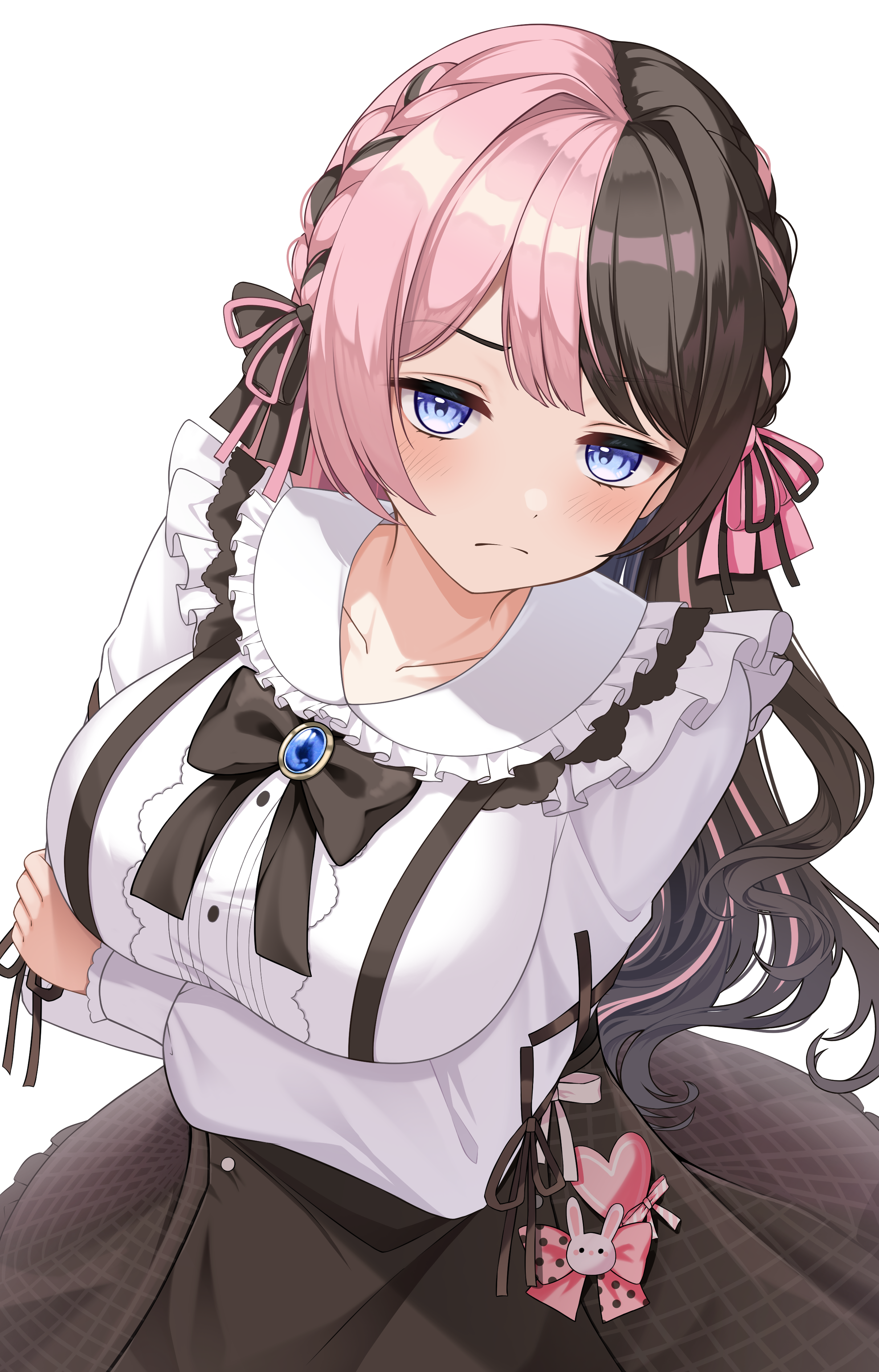 yoppy paint, tachibana hinano, tachibana hinano (muku), vspo!, absurdres, highres, 1girl, arms under breasts, blue eyes, blush, braid, breasts, brown hair, brown ribbon, brown skirt, center frills, frilled shirt, frills, large breasts, long hair, long sleeves, looking at viewer, multicolored hair, pink hair, pink ribbon, rabbit ornament, ribbon, shirt, simple background, skirt, solo, split-color hair, virtual youtuber, white background, white shirt