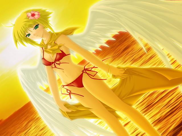 artist request, character request, copyright request, source request, 1girl, angel, angel wings, antenna hair, bandana, beach, bikini, blonde hair, blush, bracelet, breasts, cleavage, covered erect nipples, flower, green eyes, hair flower, hair ornament, holding, holding towel, jewelry, looking at viewer, navel, necklace, ocean, orange sky, pink flower, red bikini, short hair, side-tie bikini bottom, sidelocks, sky, small breasts, smile, solo, standing, sun, sunset, swimsuit, towel, water, wings, yellow bandana
