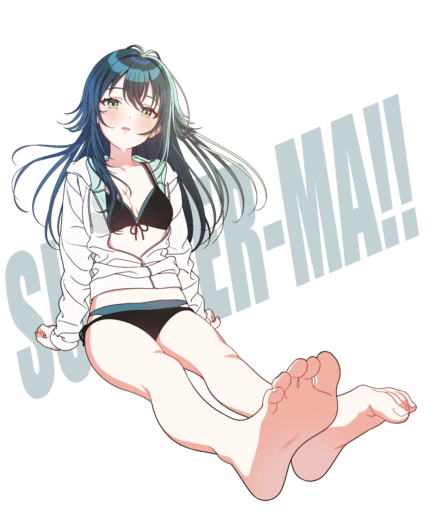 omitsu, tsukimura temari, gakuen idolmaster, idolmaster, highres, 1girl, :o, arm support, bare legs, barefoot, bikini, bikini under clothes, black bikini, blush, breasts, collarbone, front-tie bikini top, front-tie top, full body, green eyes, green hair, hair flaps, invisible chair, jacket, jacket over swimsuit, kimi to semi blue (idolmaster), long hair, looking at viewer, partially unzipped, sitting, small breasts, soles, solo, sweat, swimsuit, text background, toes, very long hair, white jacket