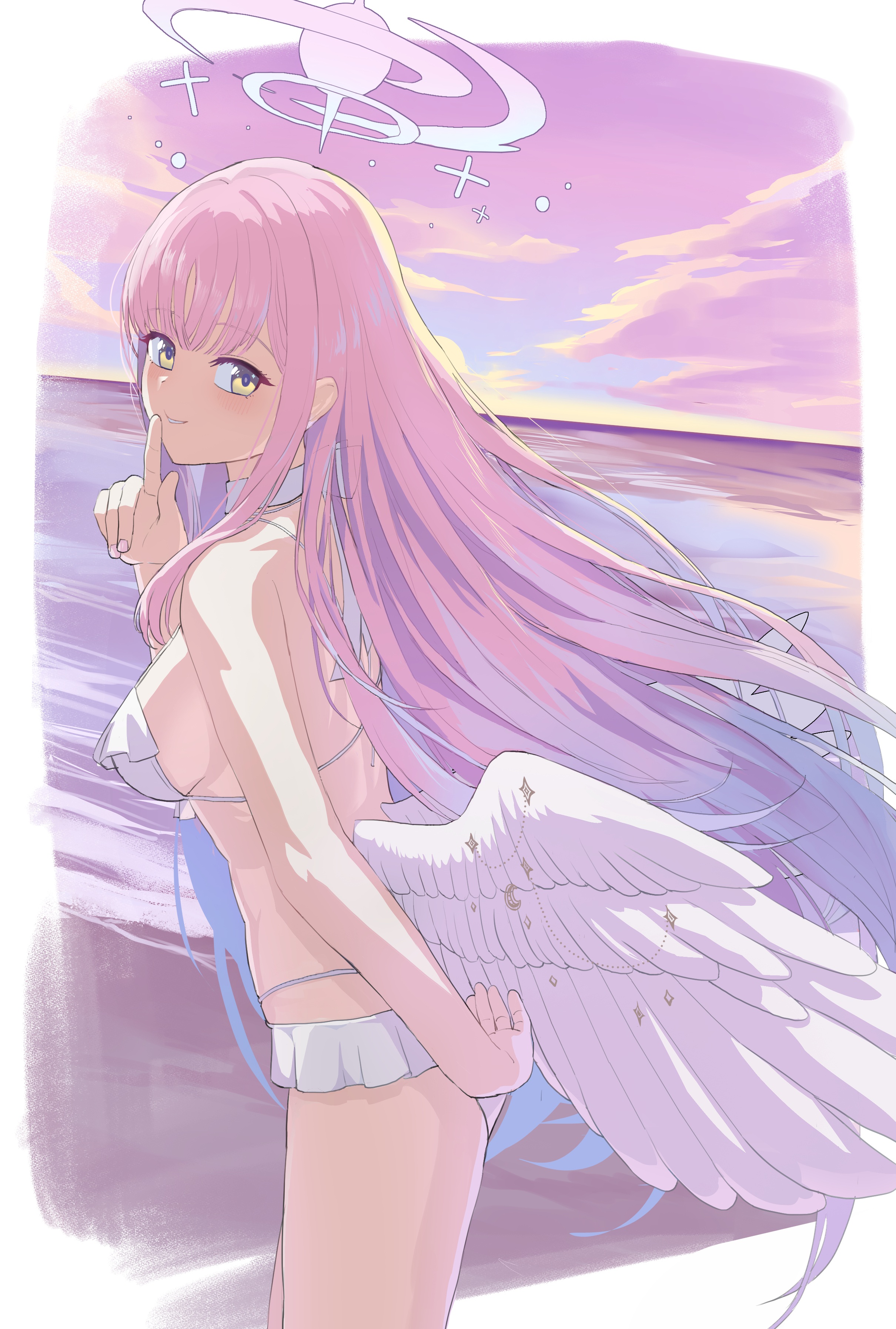 felix (mtw93), mika (blue archive), mika (swimsuit) (blue archive), blue archive, absurdres, highres, 1girl, angel wings, arm behind back, beach, bikini, breasts, feathered wings, frilled bikini, frills, index finger raised, looking at viewer, looking back, low wings, medium breasts, ocean, official alternate costume, official alternate hairstyle, pink hair, pink nails, sideboob, solo, swimsuit, white bikini, white wings, wing ornament, wings, yellow eyes