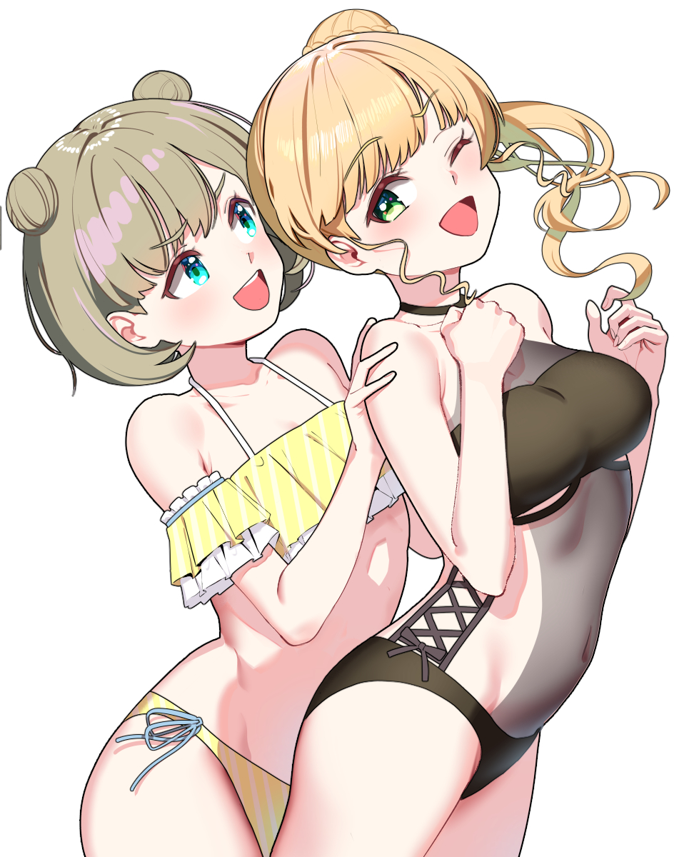pettan p, heanna sumire, tang keke, love live!, love live! superstar!!, highres, 2girls, bare shoulders, bikini, black one-piece swimsuit, blonde hair, blue eyes, blush, breasts, covered navel, detached sleeves, green eyes, grey hair, large breasts, long hair, looking at another, medium hair, multiple girls, one-piece swimsuit, one eye closed, open mouth, see-through clothes, short sleeves, side ponytail, simple background, small breasts, smile, swimsuit, white background, yellow bikini