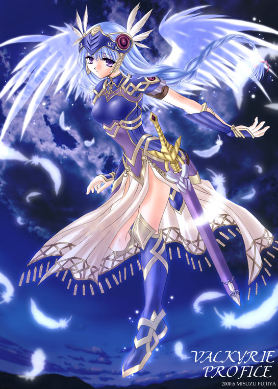 fujimiya misuzu, lenneth valkyrie, valkyrie profile (series), silver hair, 1girl, angel wings, armor, armored dress, blue background, blue theme, boots, braid, copyright name, dress, feathers, female focus, gauntlets, head wings, helmet, long hair, purple eyes, single braid, solo, sword, thigh boots, thighhighs, valkyrie, weapon, wings