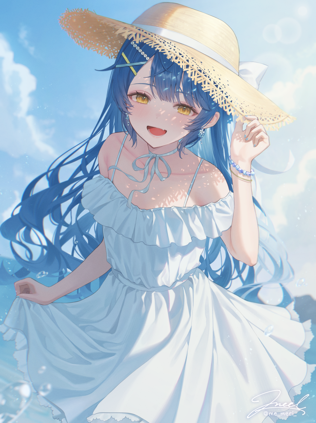 me meel, amamiya kokoro, nijisanji, commentary request, highres, 1girl, blue hair, blue sky, brown hat, cloud, cloudy sky, collarbone, day, dress, fang, hair ornament, hat, long hair, looking at viewer, off-shoulder dress, off shoulder, open mouth, skin fang, sky, smile, solo, straw hat, sundress, virtual youtuber, white dress, x hair ornament