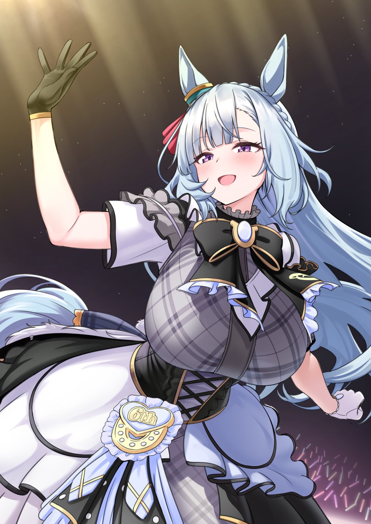herohero (higashi no dou), mejiro ardan (umamusume), umamusume, highres, 1girl, animal ears, asymmetrical gloves, black bow, black gloves, blue hair, bow, braid, breasts, crown braid, dress, ear ornament, gloves, glowstick, horse ears, horse girl, horse tail, huge breasts, long hair, mismatched gloves, penlight (glowstick), plaid clothes, plaid dress, purple eyes, tail, trailblazer bash! (umamusume), waving, white gloves
