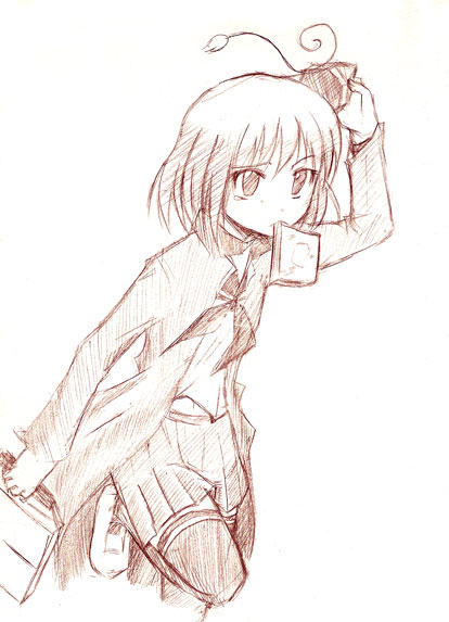 a utopia, hirase yuu, shameimaru aya, touhou, looking away, 1girl, alternate costume, bread slice, female focus, food, food in mouth, hat, monochrome, mouth hold, pink theme, school uniform, serafuku, sketch, solo, thighhighs, toast, toast in mouth