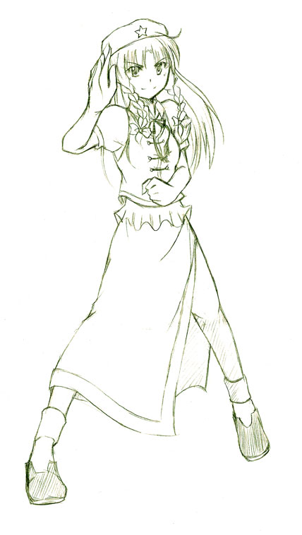 a utopia, hirase yuu, hong meiling, immaterial and missing power, touhou, 1girl, female focus, full body, monochrome, simple background, sketch, solo, standing