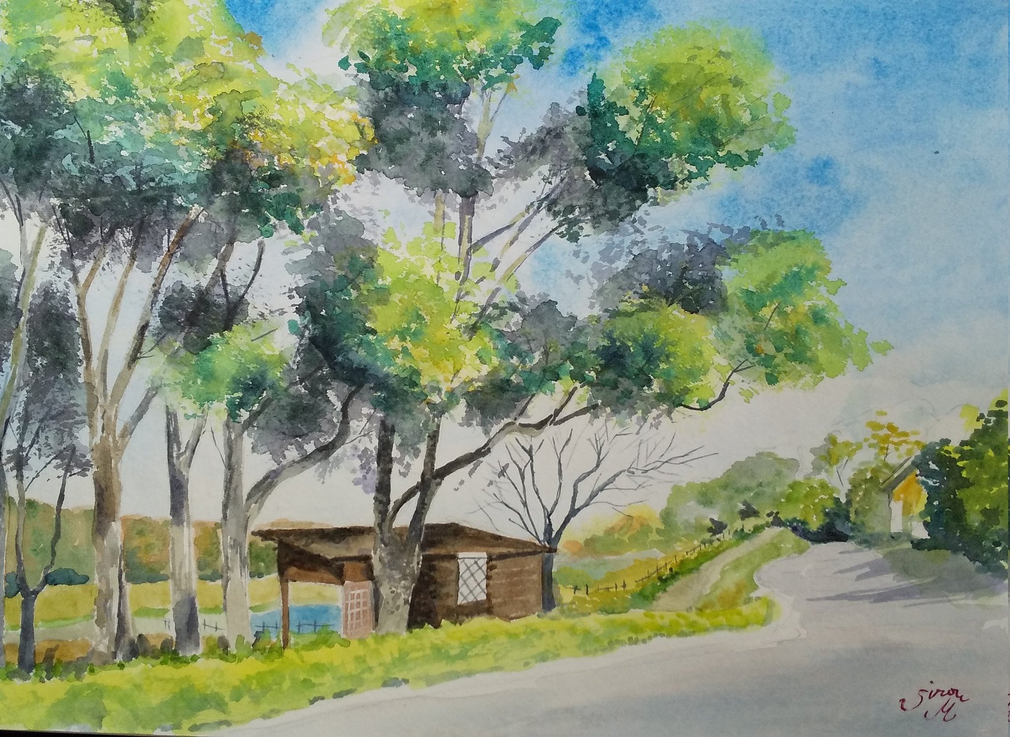 monsisiro411823, original, highres, painting (medium), traditional media, watercolor (medium), bare tree, blue sky, bush, day, grass, hedge, hill, no humans, outdoors, park, path, river, riverbank, road, scenery, shelter, sky, tree